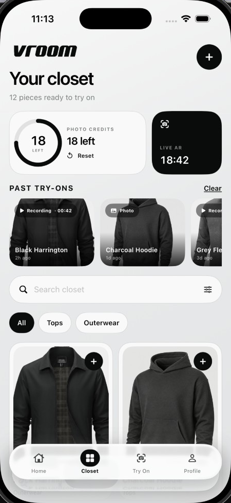 vroom app showing your closet with photo credits, live AR time, and past try-ons