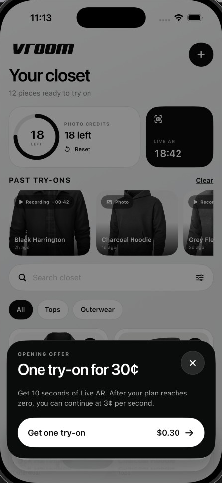 vroom app showing the opening offer: one try-on for 30 cents