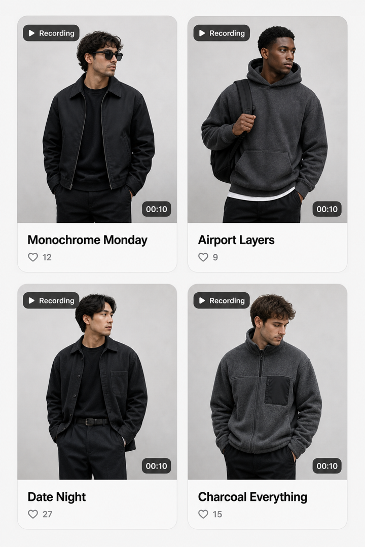Grid of shared outfit posts: Monochrome Monday, Airport Layers, Date Night, and Charcoal Everything